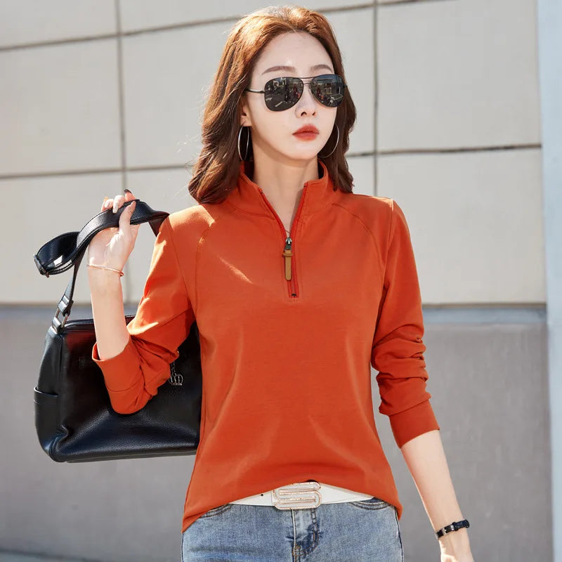 Women's Spring T-Shirt - Zipper Lapel Stand Collar, New Style
