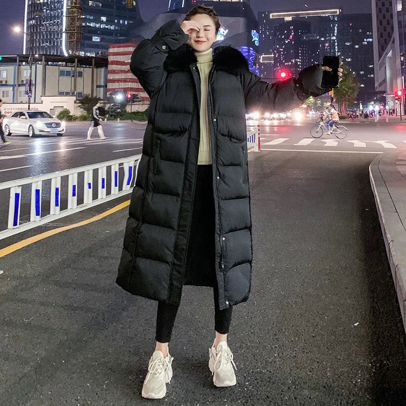 Women's Winter Over-Knee Long Coat - Loose Hooded Parka with Detachable Fur Collar, Thick Warm Cotton-Padded Jacket, Outerwear Jeanne