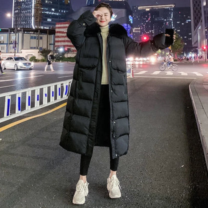 Women's Winter Over-Knee Long Coat - Loose Hooded Parka with Detachable Fur Collar, Thick Warm Cotton-Padded Jacket, Outerwear Jeanne