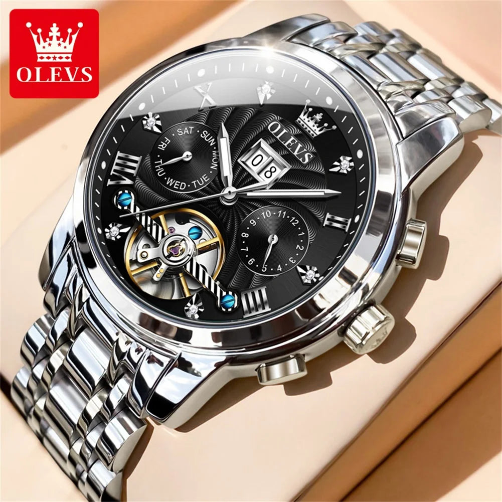 OLEVS 6617 Men's Tourbillon Watch - Classic Business Style, Stainless Steel Band, Skeleton Dial, Automatic Mechanical Wristwatch