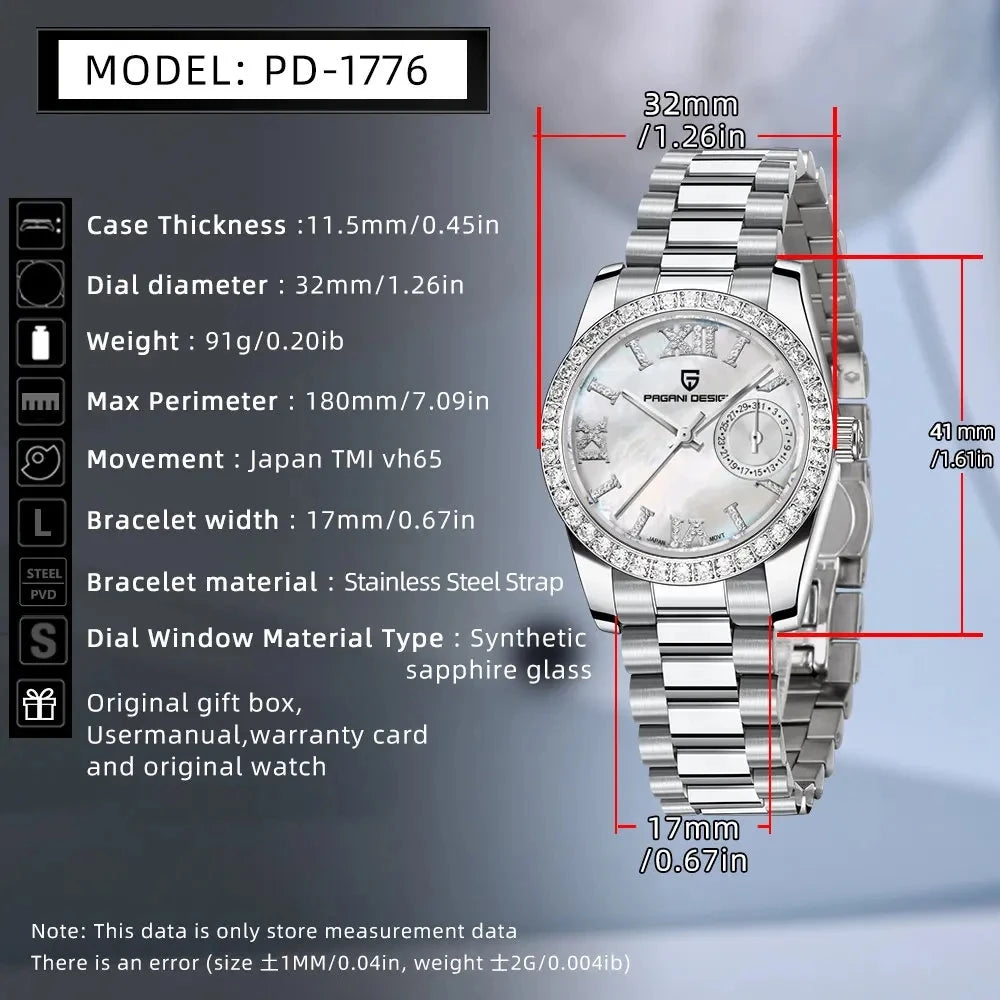 PAGANI DESIGN 1776 – Luxury Women's Quartz Watch with Diamond Accents, Stainless Steel Band, and Calendar Function