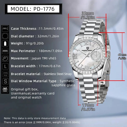 PAGANI DESIGN 1776 – Luxury Women's Quartz Watch with Diamond Accents, Stainless Steel Band, and Calendar Function