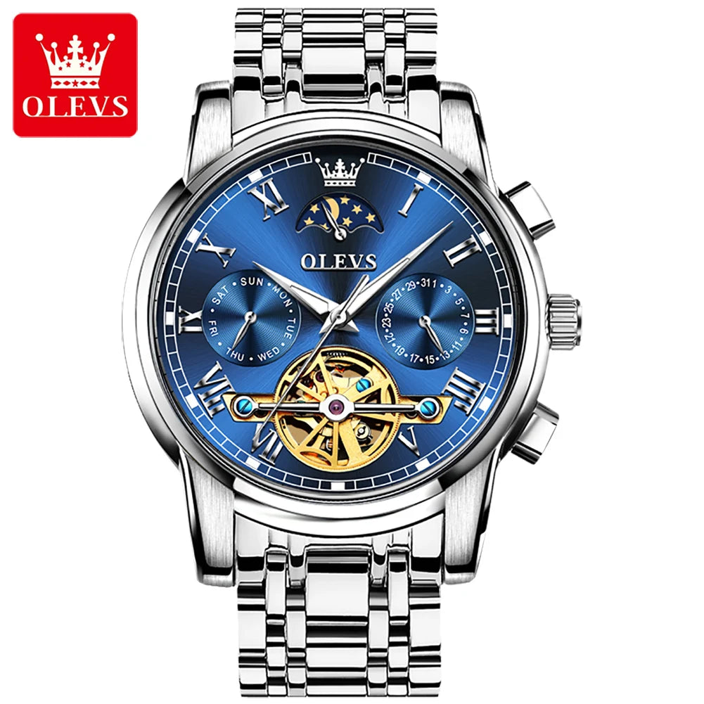 OLEVS 6617 Men's Tourbillon Watch - Classic Business Style, Stainless Steel Band, Skeleton Dial, Automatic Mechanical Wristwatch