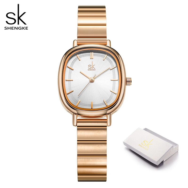 Shengke Women's Fashion Square Quartz Watch – Elegant Gold & Rose Gold Bracelet Watch, Minimalist Stainless Steel Design
