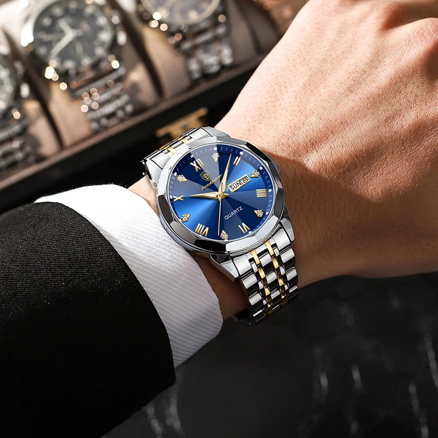 POEDAGAR 810 Men's Luxury Business Watch – Stainless Steel Waterproof Quartz Watch with Luminous Hands, Date Display, and Blue Dial Gerard