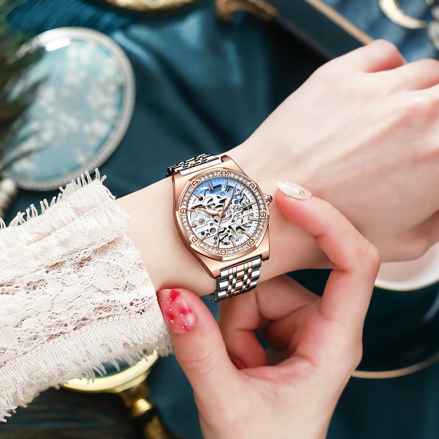 CHENXI Women’s Skeleton Diamond Automatic Watch | 8848 Luxury Stainless Steel Mechanical Wristwatch – Waterproof Bracelet for Girls & Women