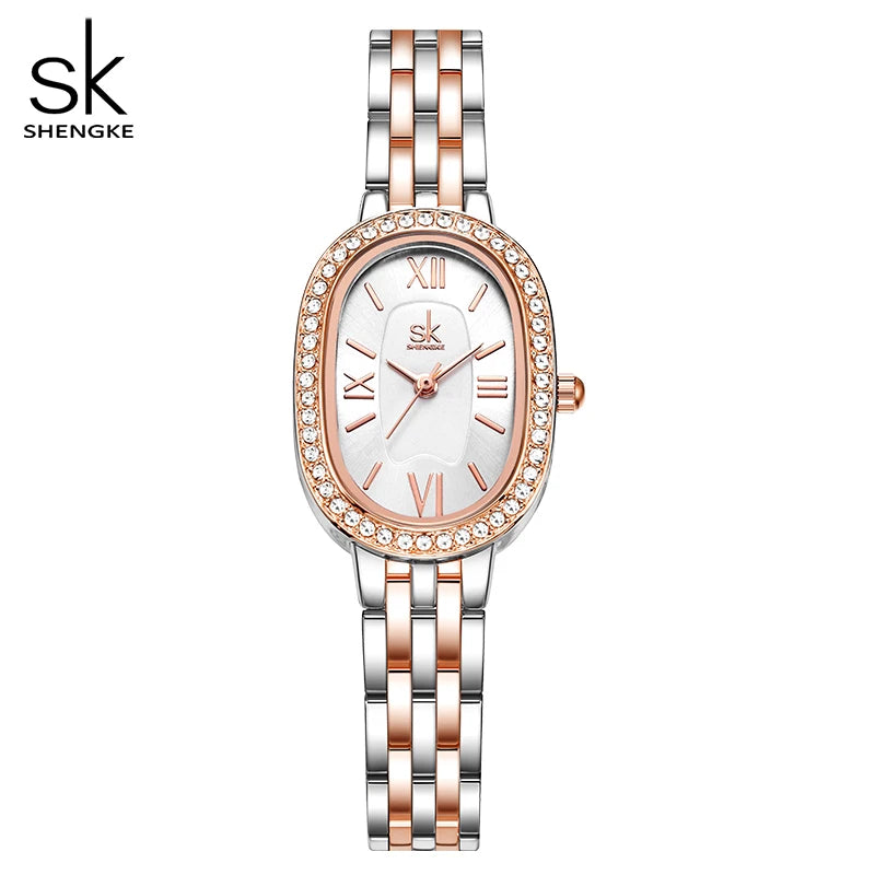 Shengke Women's Luxury Oval Crystal Watch – Elegant Diamond-Accented Fashion Wristwatch with Alloy Bracelet for Girls and Women