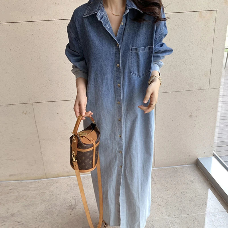 Women's French Style Denim Dress | Gradient Halo Dye, Lapel, Single-Breasted, Loose Long Sleeve Design Diane