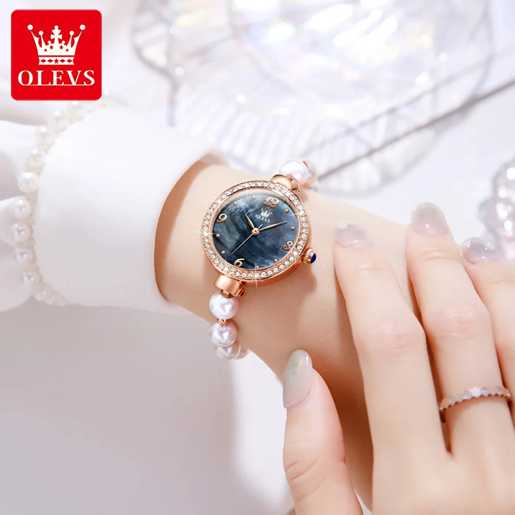 OLEVS 9968 Women's Luxury Leather Wristwatch – Quartz Bracelet Watch with Diamond Accents and Pearl Winding Mélusine