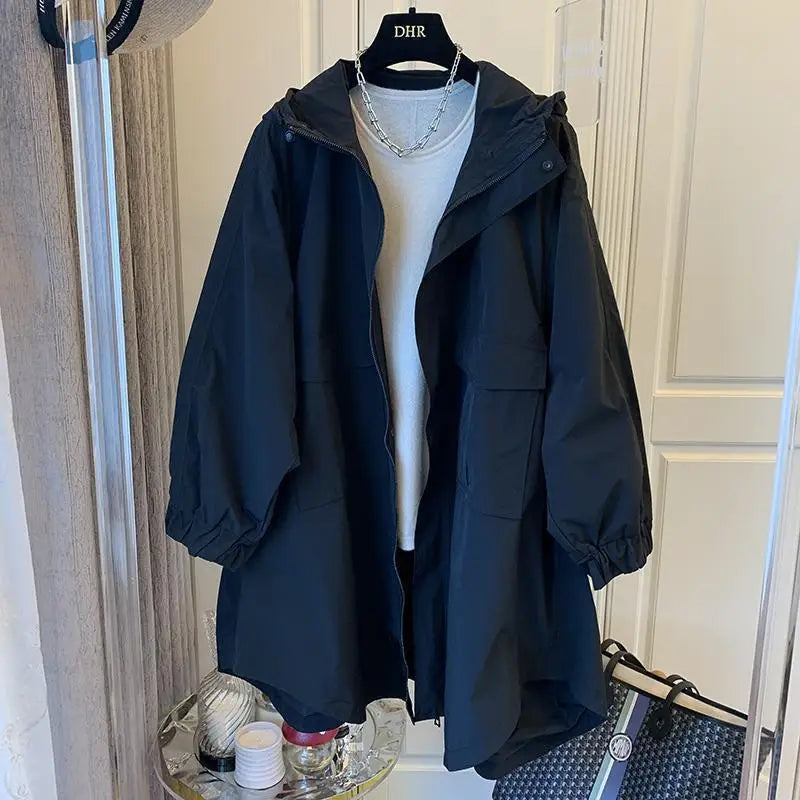 Casual Spring Cotton Hooded Windbreaker with Pockets – Solid Color Long Sleeve Women's Trench Coat Egwene