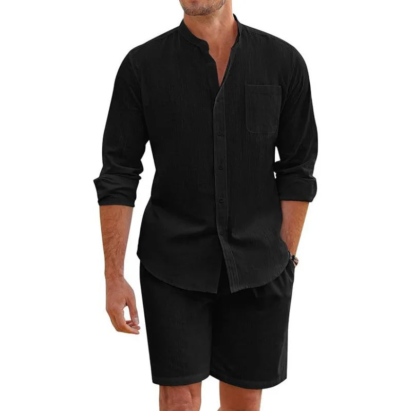 Men Cotton Linen Comfortable Button Shirt Long Sleeve + Shorts Set Simple Two-Piece Set Casual Beach Wear Men's Suits
