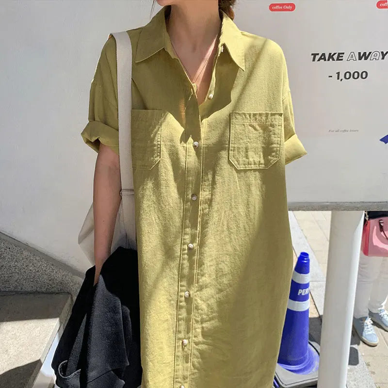 Korean Chic Summer Cotton Dress | Simple Lapel, Single-Breasted, Short-Sleeve Women's Fashion Mayella