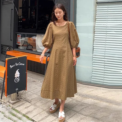 Spring Retro Women's Dress – Short Sleeve, Round Neck, Embroidered Hollow Design, Lace-Up Waist, Slimming Fit