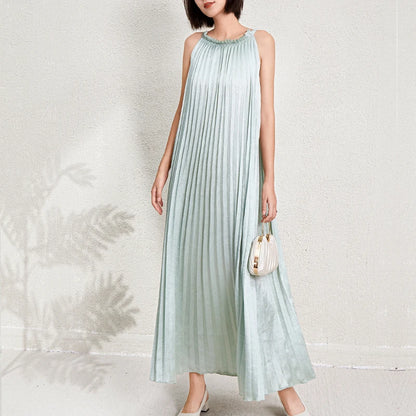Women's Halter Neck Sleeveless Dress | Metallic Polyester Flowing Pleated Beach Tank Dress Juliette