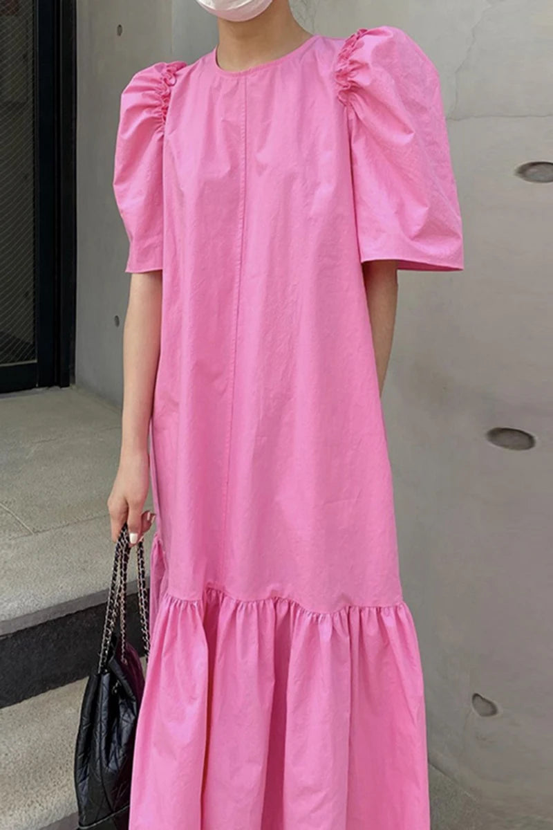 Casual Women's Cotton Dress – Round Neck, Korean Style, Puff Sleeves, and Ruffled Solid Color Design Alexia