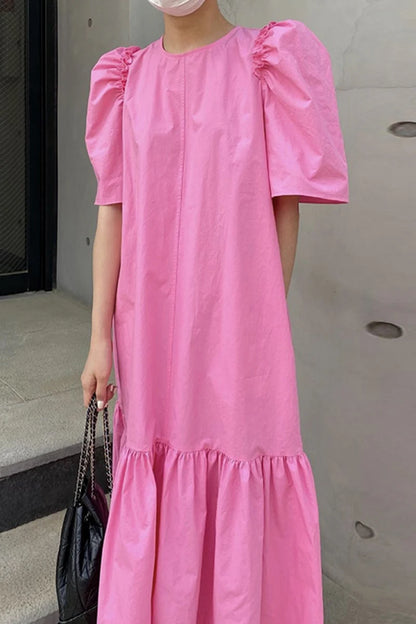Casual Women's Cotton Dress – Round Neck, Korean Style, Puff Sleeves, and Ruffled Solid Color Design Alexia