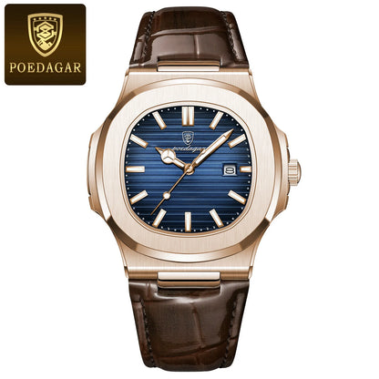 POEDAGAR 613 Men's Luxury Gold Watch – Fashion Square Quartz Business Watch with Stainless Steel, Waterproof, Luminous, and Date Display Thierry
