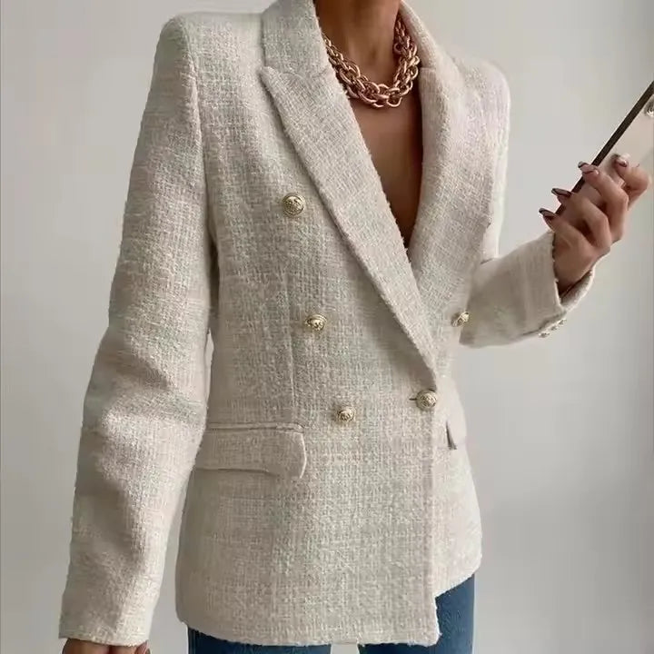 Women's Vintage Houndstooth Blazer Coat - Long Sleeve Double-Breasted Outerwear with Flap Pockets Constantia