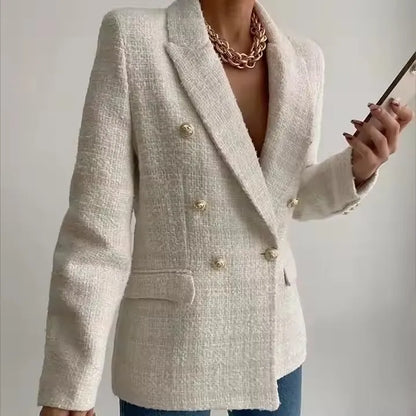 Women's Vintage Houndstooth Blazer Coat - Long Sleeve Double-Breasted Outerwear with Flap Pockets Constantia