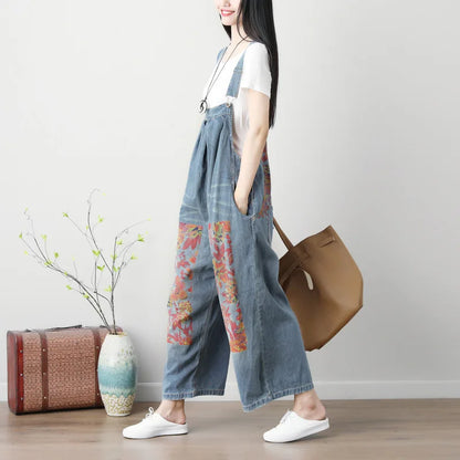 Women's Plus Size Wide-Leg Denim Jumpsuit – Printed Backband, Washed Finish, and Literary Style Ginny