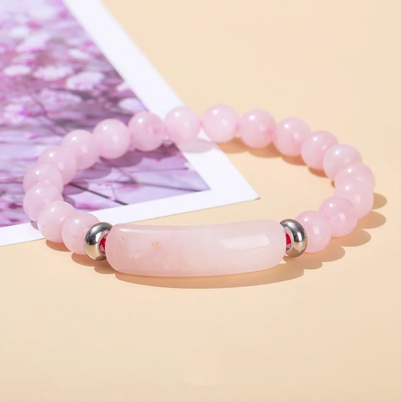 8mm Pink Crystal Bead Bracelet – Natural Stone Stretch Bracelet with Stainless Steel Accessories