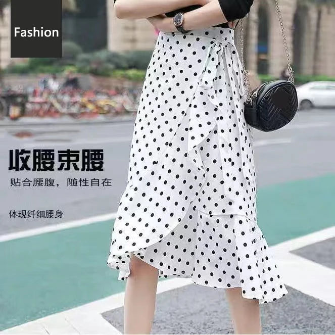 Women Girls Dot Printed Fishtail Skirt Ruffles Irregular Hem Bandage Belt Mermaid Dress Long Skirt