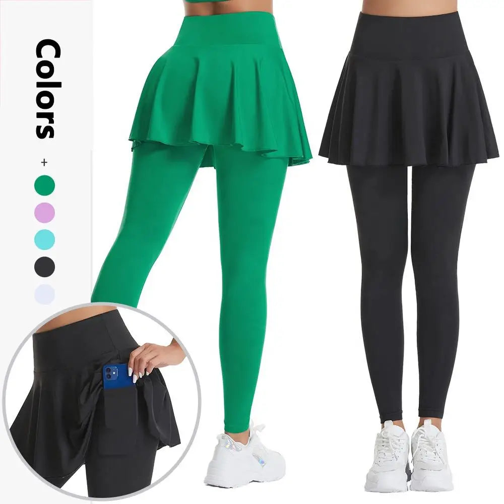 Women’s Double‑Layer Running Skirt Leggings – Elastic Waist Tennis Skirt with Built‑In Shorts for Gym & Sports