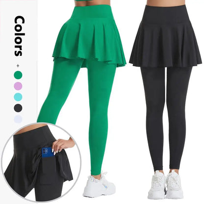 Women’s Double‑Layer Running Skirt Leggings – Elastic Waist Tennis Skirt with Built‑In Shorts for Gym & Sports