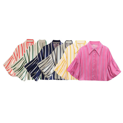 Women's Vintage Print Cropped Blouse – Loose, Comfortable with Puff Sleeves and Back Elastic