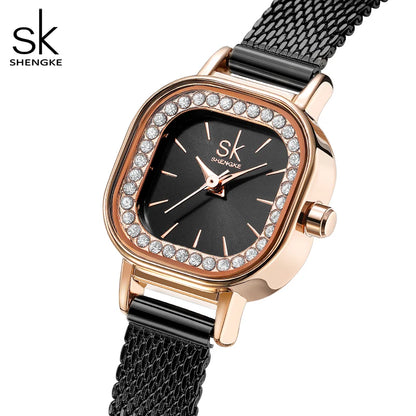 Shengke Women's Luxury Square Dial Quartz Watch – Fashion Black Stainless Steel Mesh Band Wristwatch for Ladies