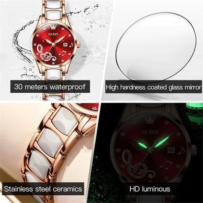 Olevs 3605 Women’s Elegant Ceramic Quartz Watch – Stainless Steel Waterproof Japan Movement Wristwatch, Perfect Gift for Women