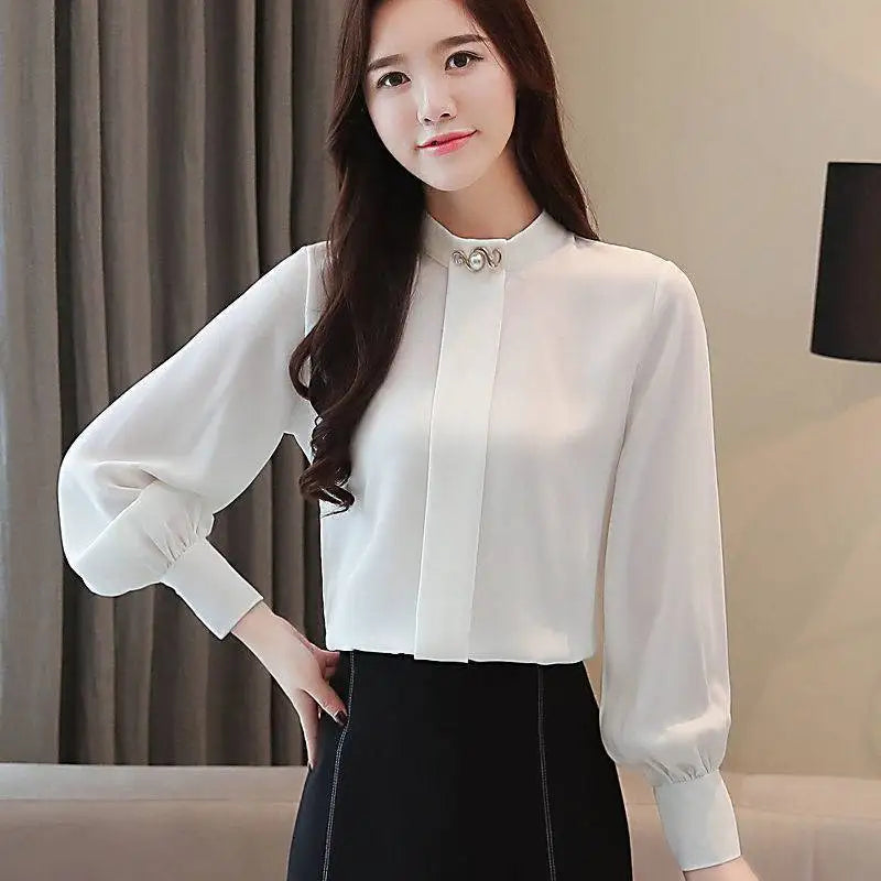 Women's Long Sleeve Chiffon Blouse – Solid Color Formal Loose-Fit Button-Up Shirt Maya