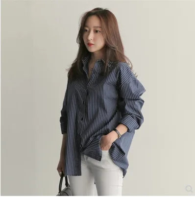 Women’s Spring and Autumn Cotton Striped Blouse – Loose Casual Long Sleeve V-Neck Button-Up Shirt with Lapel Design Ciara