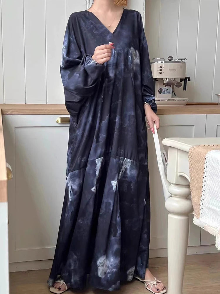 Summer Retro V-Neck Women's Dress – Ink Print, Vacation Style, Loose Fit, Batwing Sleeves