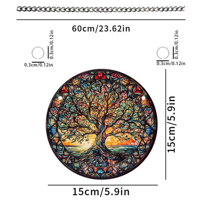 Tree of Life Suncatcher – 15cm Round Dyed Acrylic Window Hanging with Metal Chain, Peaceful Home Decor Gift