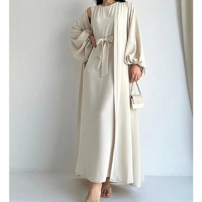 Two-Piece Abaya Set with Long Sleeve Outer & Sleeveless Inner Dress – Dubai & Turkey Style Muslim Nabila