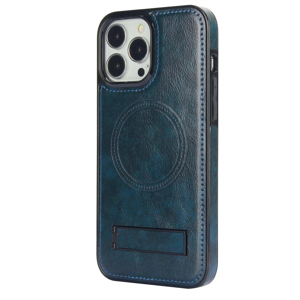 Luxury Leather Strong Magnetic Wireless Charging Mobile Case for iPhone 15 14 12 Pro Max Kickstand Phone Case