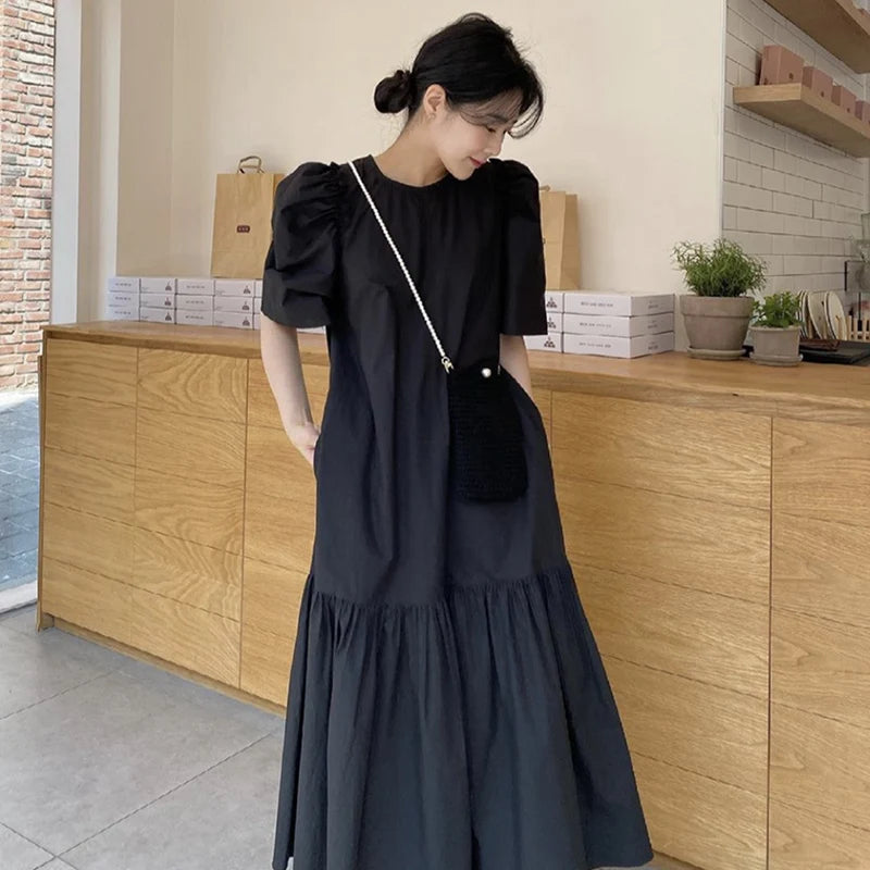 Casual Women's Cotton Dress – Round Neck, Korean Style, Puff Sleeves, and Ruffled Solid Color Design Alexia
