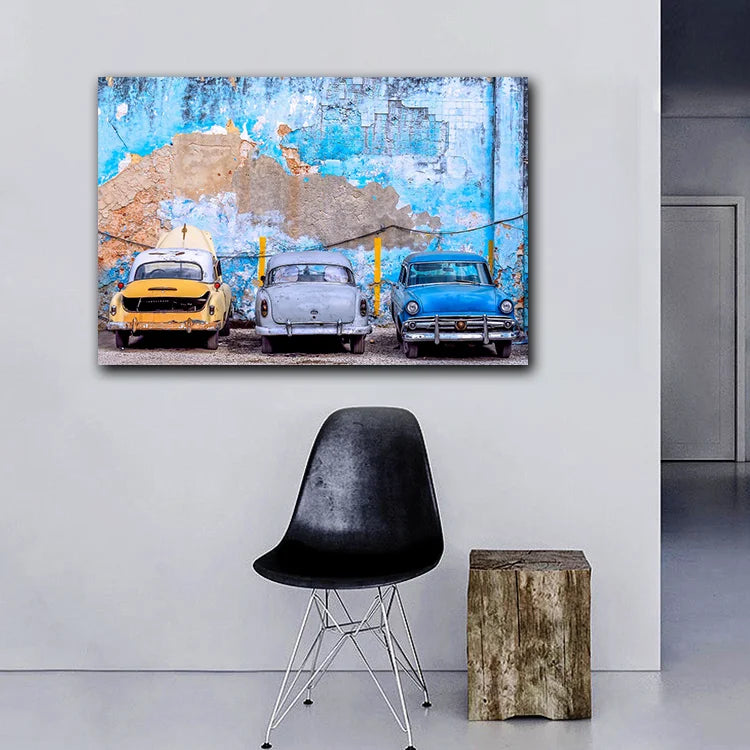 Vintage Car and Blue Wall Canvas Art – Still Life Print for Home, Restaurant Wall Decoration