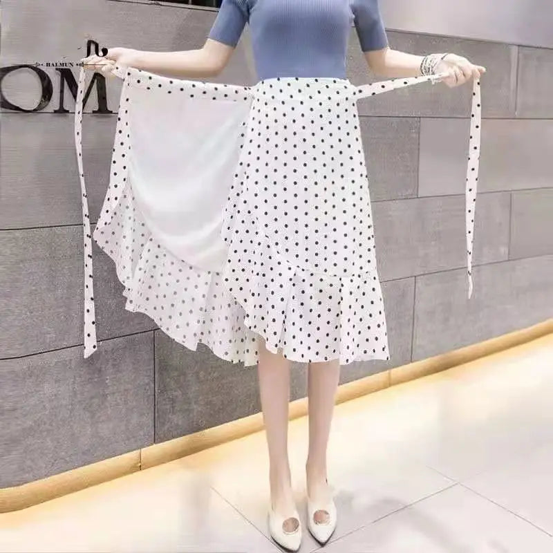 Women Girls Dot Printed Fishtail Skirt Ruffles Irregular Hem Bandage Belt Mermaid Dress Long Skirt