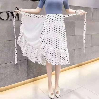 Women Girls Dot Printed Fishtail Skirt Ruffles Irregular Hem Bandage Belt Mermaid Dress Long Skirt