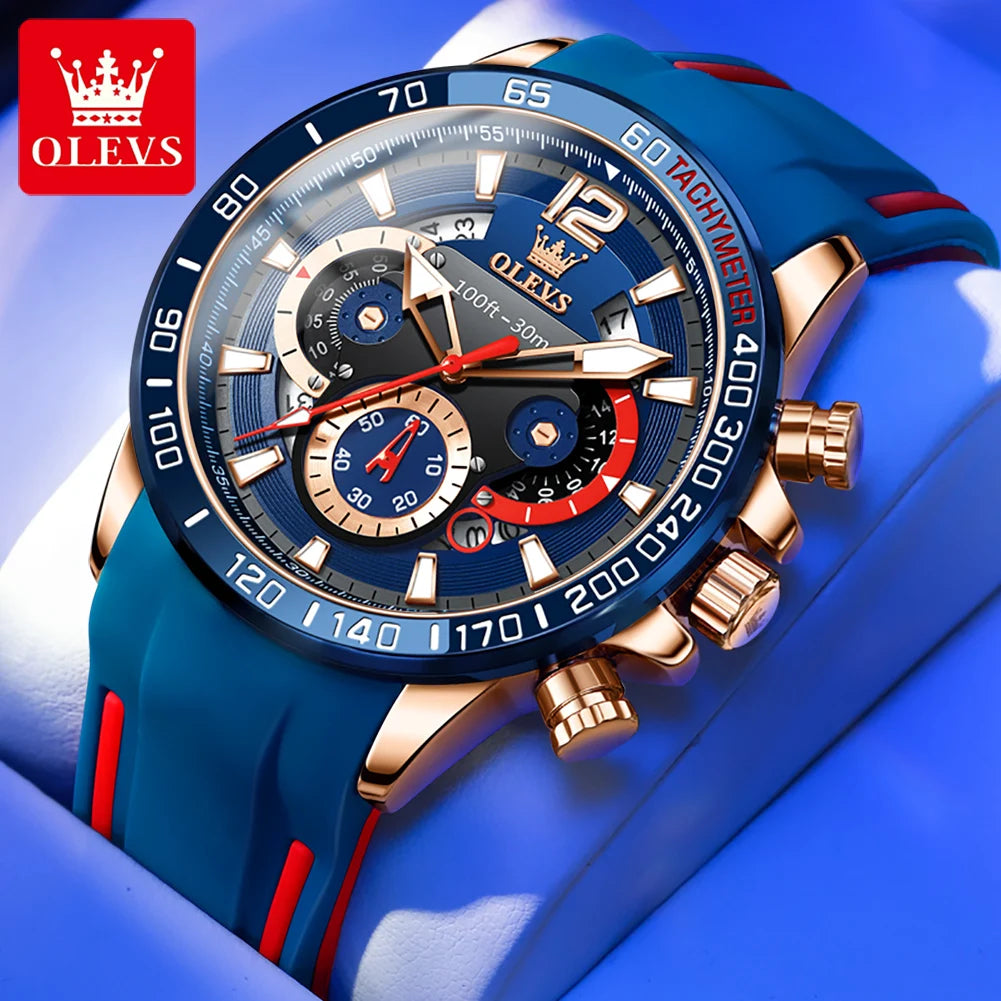 OLEVS 9936 Men's Sports Watch - Silicone Blue Strap, Waterproof Quartz, Luminous, Calendar Display