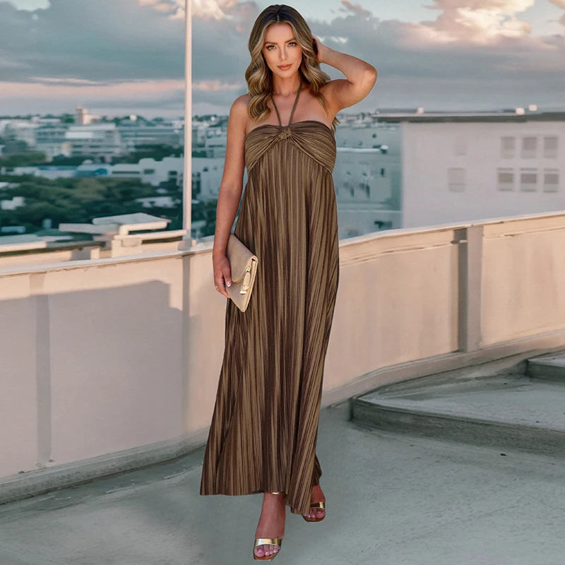Women's Backless Pleated Halter Dress | Elegant Summer Ball Gown Midi Sabrina
