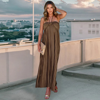 Women's Backless Pleated Halter Dress | Elegant Summer Ball Gown Midi Sabrina