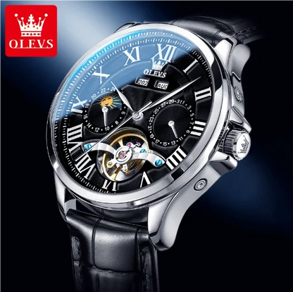 OLEVS 7013 Men's Moon Phase Mechanical Watch – Roman Scale, Hollow Flywheel, Waterproof Automatic Timepiece