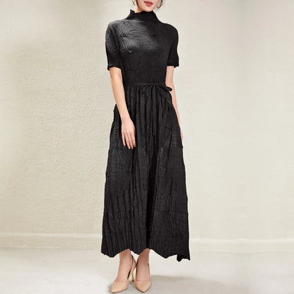 Women's Elegant Pleated Maxi Dress | Miyake Style with Belt, Breathable & Heat-Resistant Design Viviene