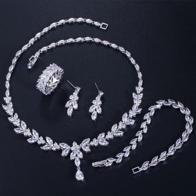 4pcs Delicate Leaf-Shaped Cubic Zirconia Jewelry Set – Drop Earrings, Necklace, Bracelet & Ring | Luxury Dubai Bridal Wedding Jewelry for Women Adela