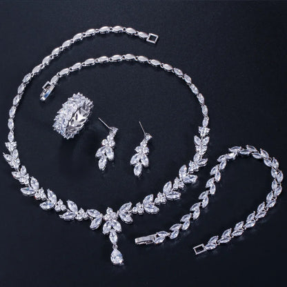 4pcs Delicate Leaf-Shaped Cubic Zirconia Jewelry Set – Drop Earrings, Necklace, Bracelet & Ring | Luxury Dubai Bridal Wedding Jewelry for Women Adela