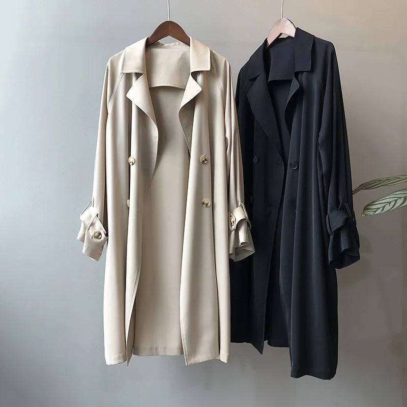 Women's Long Thin Trench Coat - Korean Style, Loose Fit, Solid Color, Over-the-Knee Design Adelein