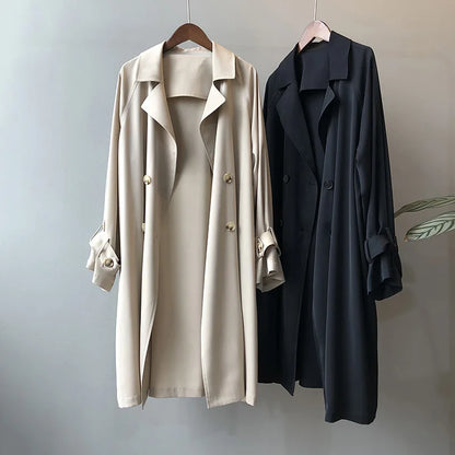 Women's Long Thin Trench Coat - Korean Style, Loose Fit, Solid Color, Over-the-Knee Design Adelein